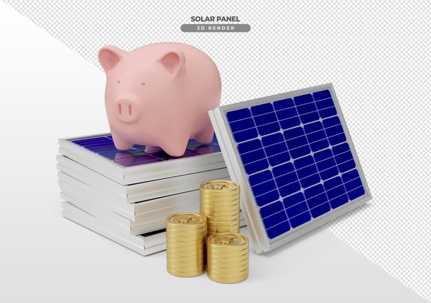 Placas de energia solar com porco e moedas em renderização 3d realista
