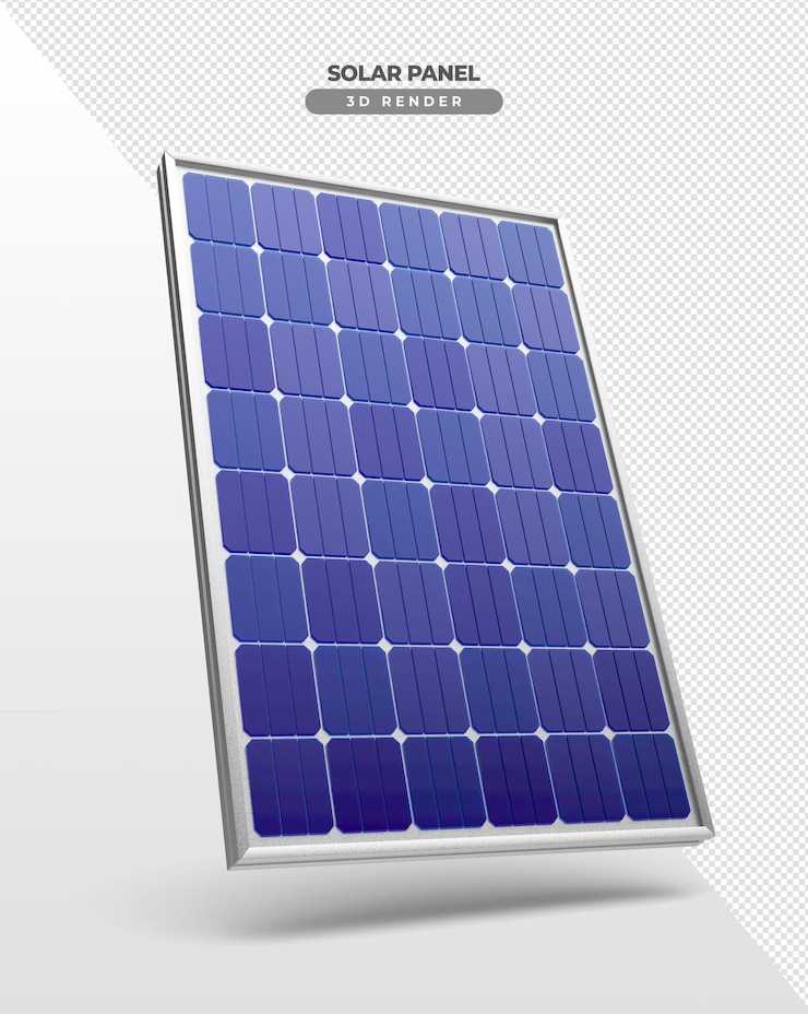 Placas de energia solar em renderização realista em 3D