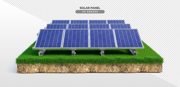 Placas de energia solar em terreno de grama em renderização 3d realista