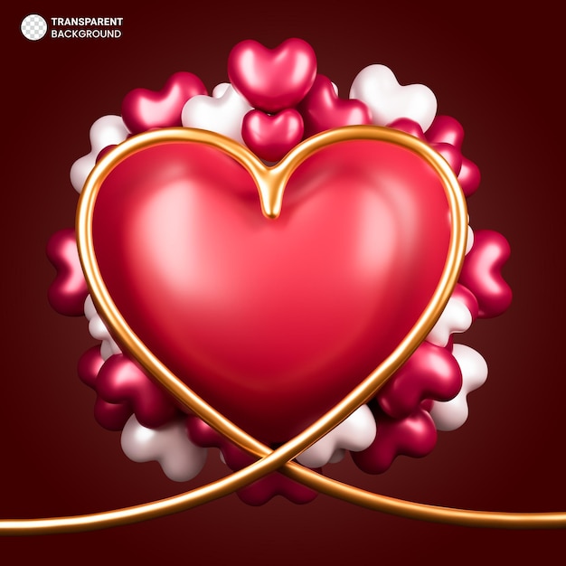 PSD grátis plano de fundo do dia dos namorados com coração vermelho 3d em torno de uma moldura de ouro