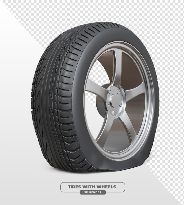 PSD grátis pneumático de carro desinflado com roda de metal em renderização 3d com fundo transparente