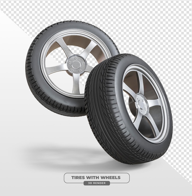 PSD grátis pneus de carro com roda de metal em renderização 3d com fundo transparente