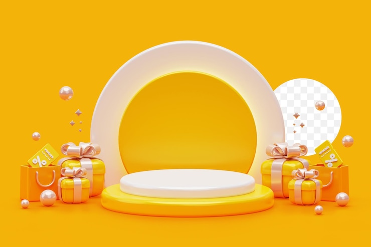 PSD grátis pódio amarelo com presente e sacola de compras e plataforma de promoção de pedestal de venda de voucher presente exibição ilustração de fundo 3d