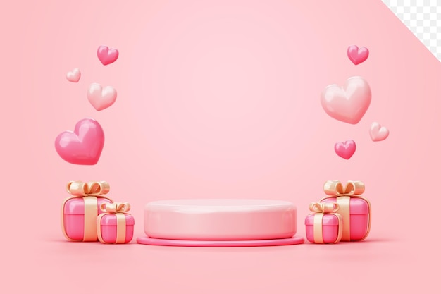 PSD grátis pódio rosa do dia dos namorados com fundo de coração e caixa de presente ilustração 3d apresentação de cena de exibição vazia para colocação de produto