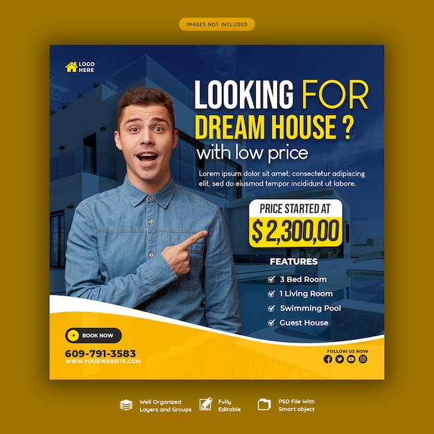 Post de Instagram de propriedade de casa imobiliária ou modelo de banner de mídia social