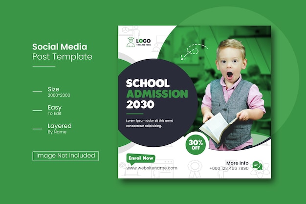 Post de mídia social de admissão escolar ou modelo de postagem do Instagram