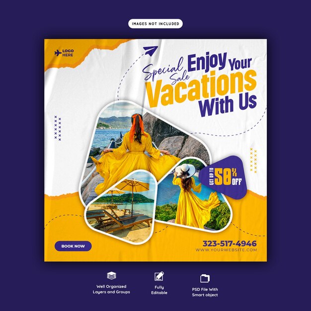 Postagem do Instagram de viagens e turismo ou modelo de postagem de mídia social