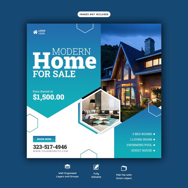 Postagem no Instagram de imóveis imobiliários ou modelo de banner de mídia social