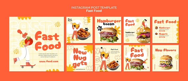 PSD grátis postagens de fast food desenhadas à mão no instagram