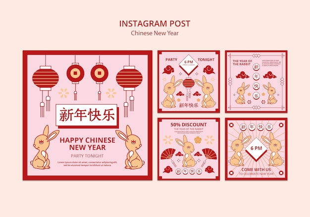 PSD grátis postagens de instagram de ano novo chinês desenhadas à mão