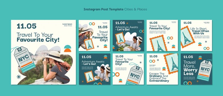 PSD grátis postagens de instagram de aventura de viagem de design plano