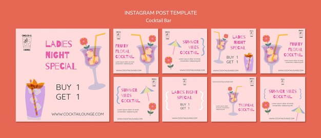 Postagens de instagram de bar de coquetéis de design plano