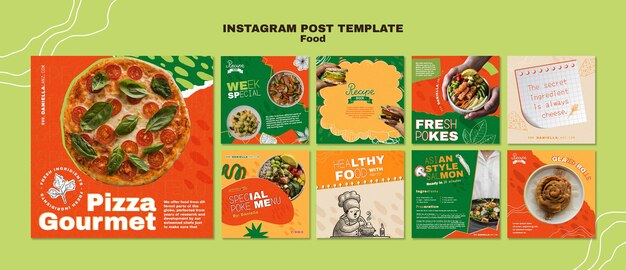 Postagens de instagram de comida deliciosa desenhadas à mão