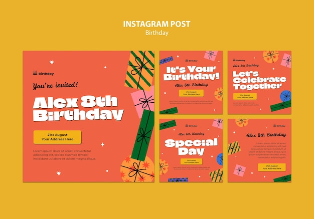 Postagens de instagram de festa de aniversário de design plano