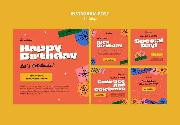 Postagens de instagram de festa de aniversário de design plano