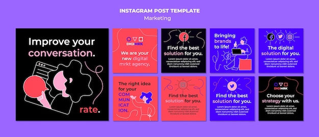 Postagens de instagram de marketing desenhadas à mão