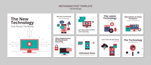 PSD grátis postagens de instagram de tecnologia de design plano