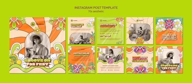 Postagens de instagram estéticas desenhadas à mão dos anos 70