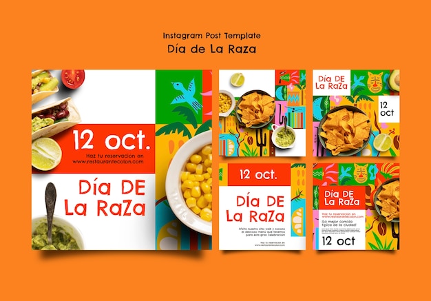 Postagens do instagram da celebração do dia de la raza com design plano