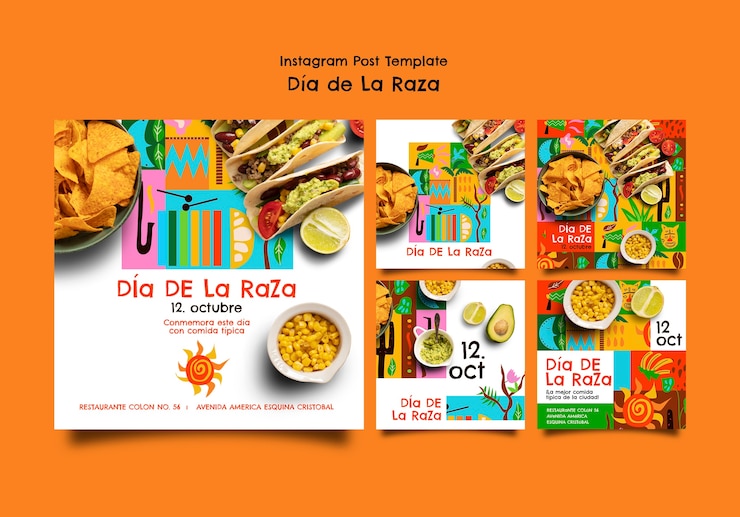 PSD grátis postagens do instagram da celebração do dia de la raza com design plano
