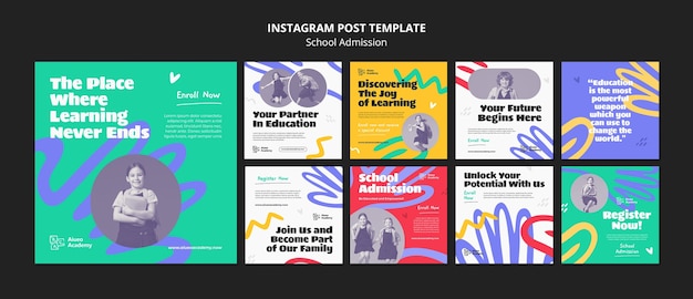 PSD grátis postagens do instagram de admissão escolar de design plano
