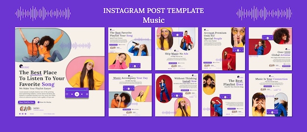Postagens do instagram de aplicativo de música de design plano