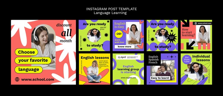 PSD grátis postagens do instagram de aprendizado de idiomas desenhadas à mão