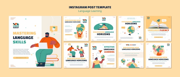 Postagens do instagram de aprendizado de idiomas desenhadas à mão