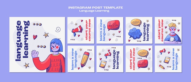 PSD grátis postagens do instagram de aprendizado de idiomas desenhadas à mão