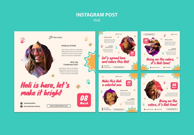 Postagens do instagram de celebração de holi de design plano