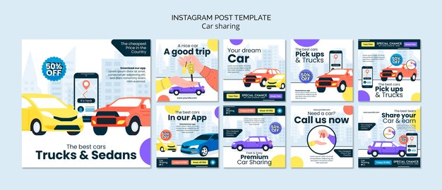 Postagens do instagram de compartilhamento de carro de design plano