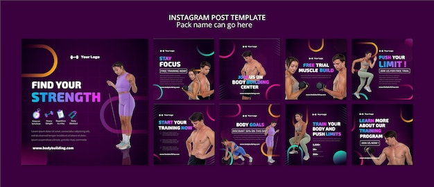 PSD grátis postagens do instagram de construção de corpo com gradiente