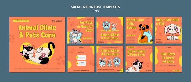 Postagens do instagram de cuidados com animais de estimação desenhados à mão