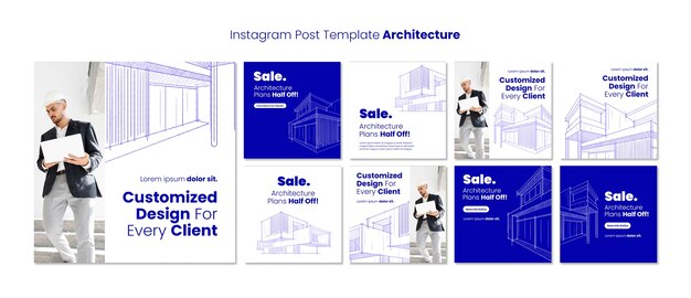 Postagens do instagram de projeto de arquitetura desenhadas à mão