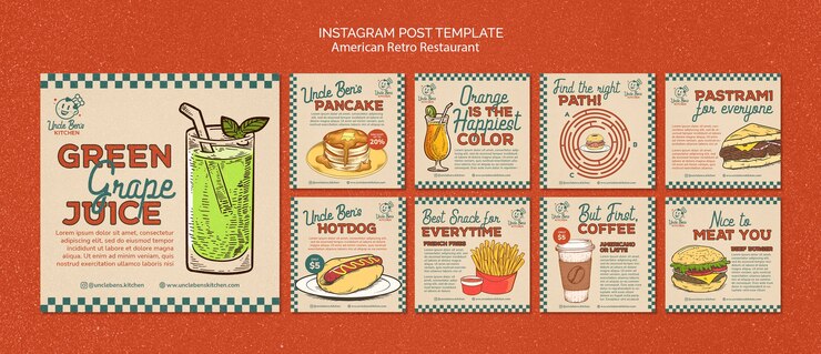 PSD grátis postagens do instagram de restaurante retrô americano