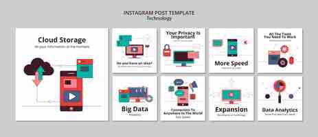 PSD grátis postagens do instagram do conceito de tecnologia de design plano