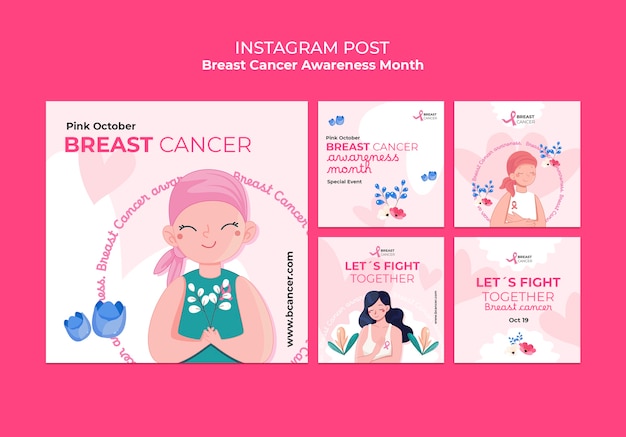PSD grátis postagens do instagram do mês de conscientização do câncer de mama
