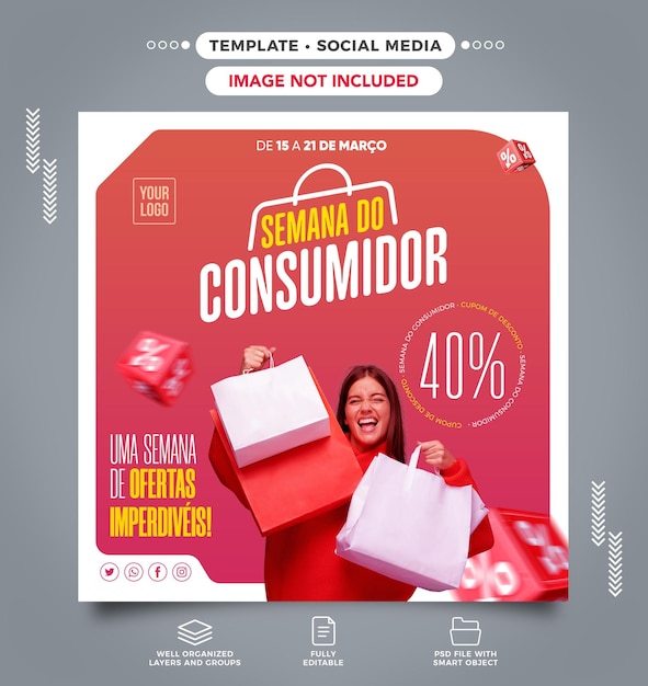 Postar feed de mídia social semana do consumidor com cupom de desconto