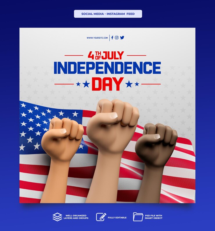 Postar mídia social dia da independência americana em design de modelo de celebração de renderização 3d