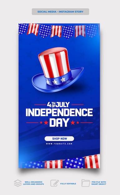 Postar mídia social dia da independência americana em design de modelo de celebração de renderização 3d