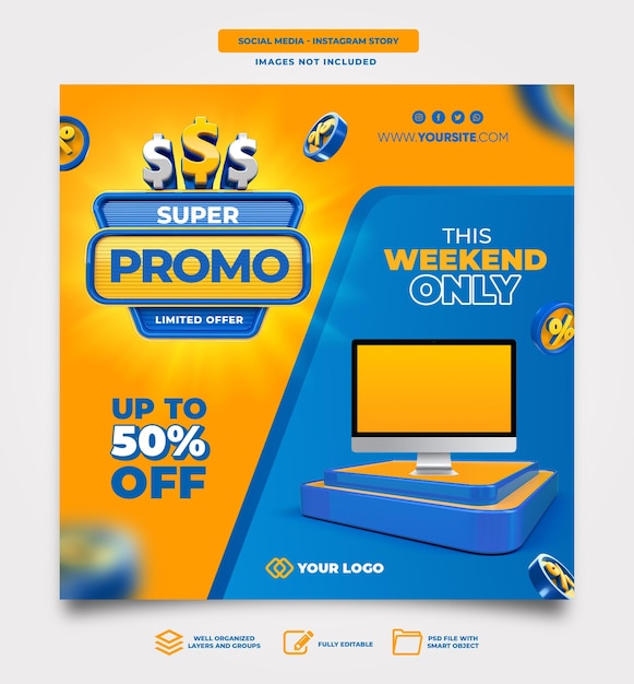 PSD grátis postar mídia social super promo 3d render modelo de design de venda pódio 3d render