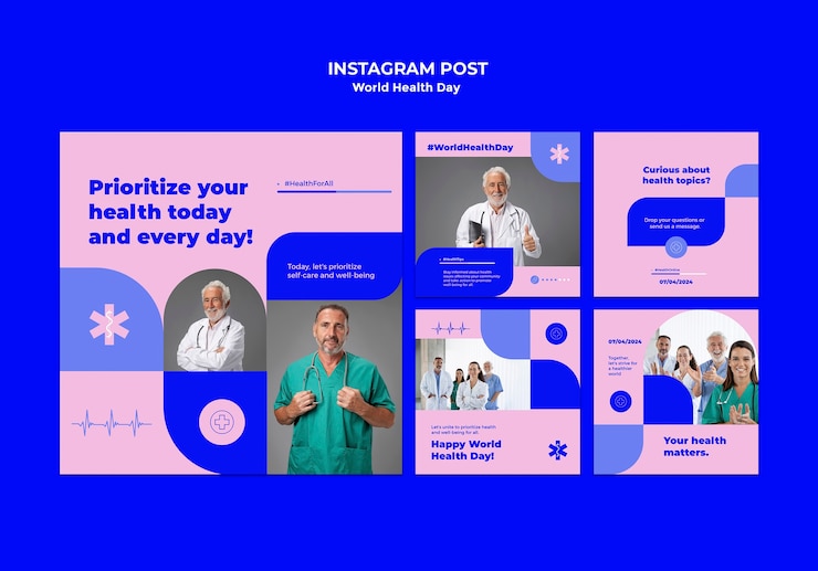 PSD grátis posts no instagram comemorando o dia mundial da saúde