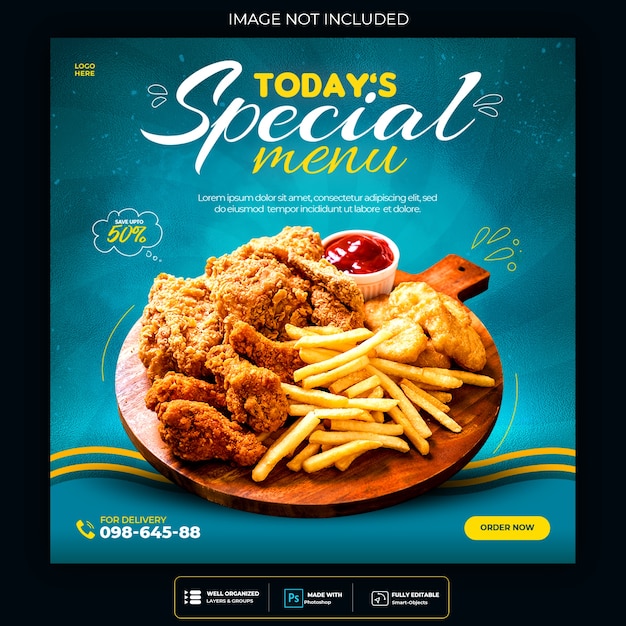 Promoção de mídia social de alimentos e modelo de design de postagem de banner instagram