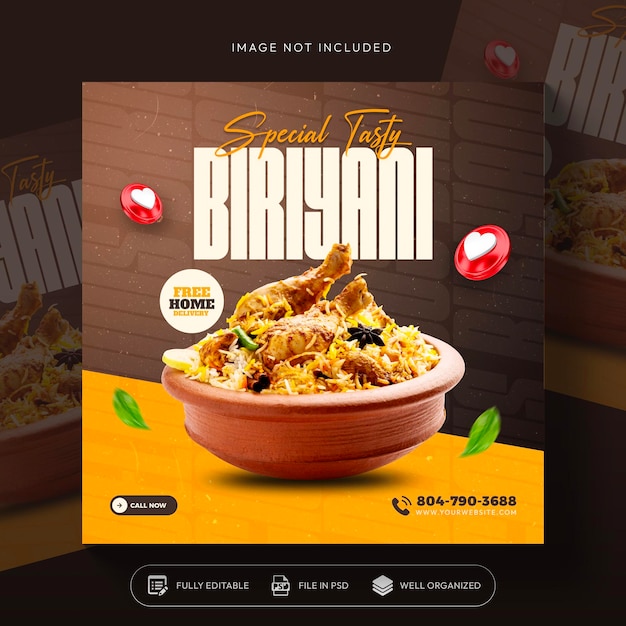 Promoção de mídia social de comida biriyani e design de modelo de postagem de banner do instagram