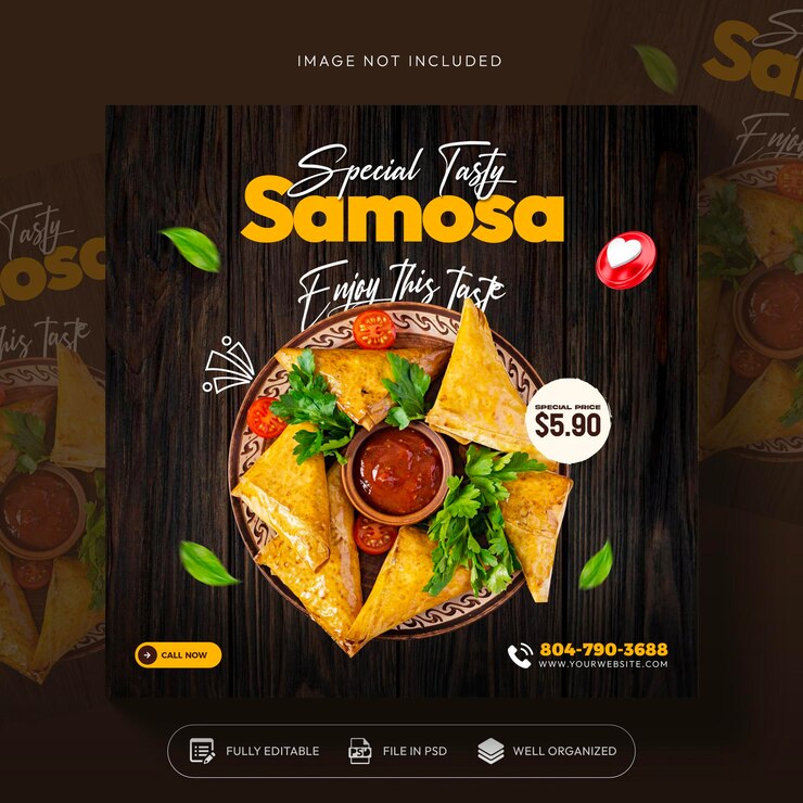 PSD grátis promoção de mídia social de comida de samosa e design de modelo de postagem de banner do instagram