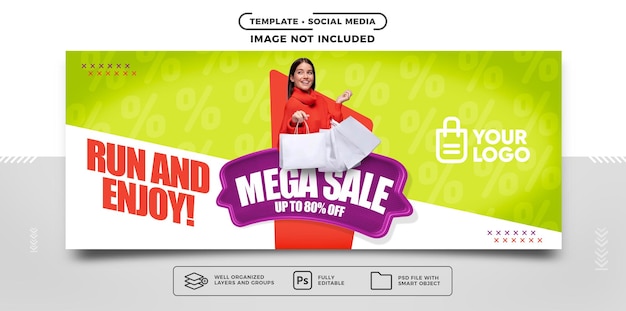 PSD grátis publicar banner de mídia social mega venda com até 80 de desconto