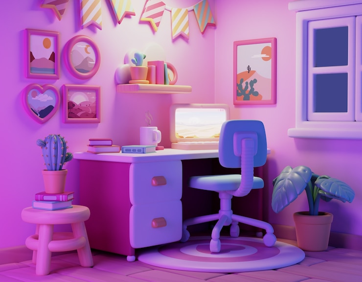 PSD grátis quarto bonito com ilustração de desktop