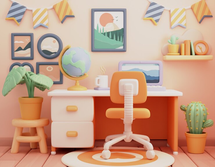 PSD grátis quarto bonito com ilustração de desktop