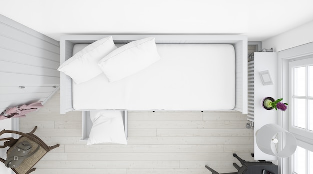 quarto branco realista com móveis na vista superior