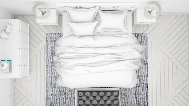 Quarto clássico ou quarto de hotel com cama de casal e móveis elegantes, vista superior